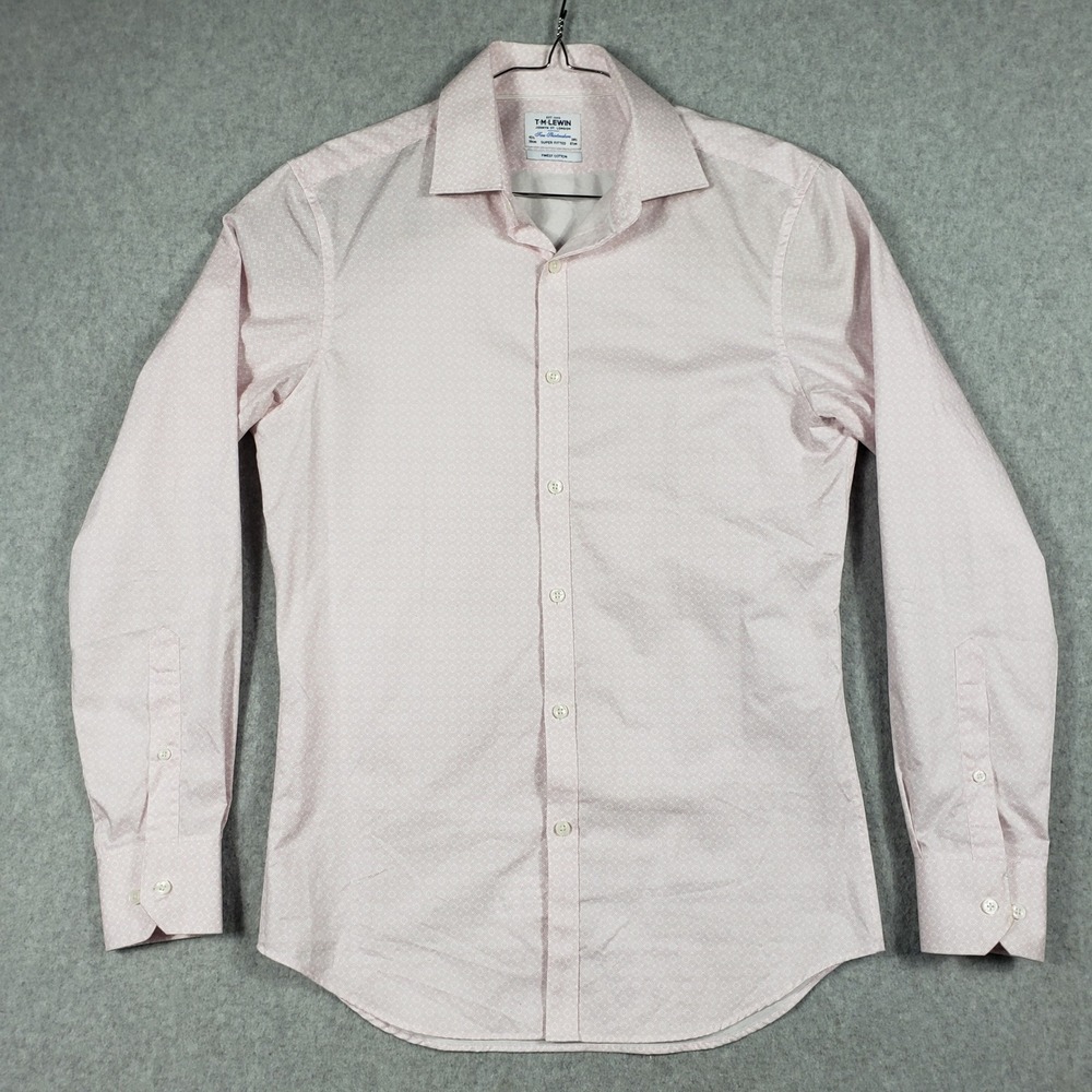 T.M. Lewin Men 15.5 34.5 Super Fitted Pink White‎ Geometric Cotton Dress Shirt